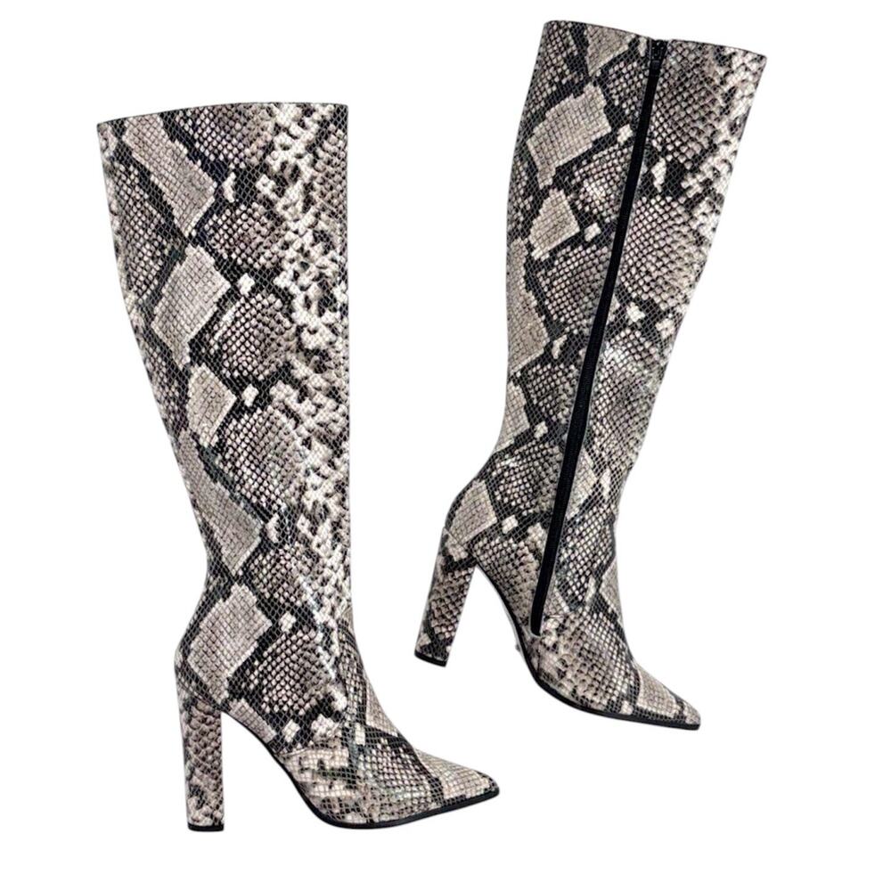 Tony Bianco Lucille Cream Python Snake Print Leather Riding Boot Zip 6.5 NEW